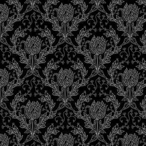 Black and white classic floral. Dark glam garden. Damask acanthus leaves. Vintage luxurious upholstery. 
