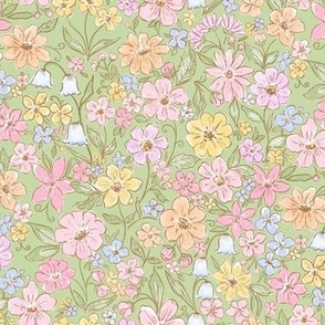 Watercolor Wildflower Ditsy, Light Green,  Micro Floral, Pastel Floral, Chintz, Traditional, Cottagecore, Grandmillennial, Preppy PF158a 