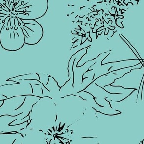 Doodles of flowers on turquoise. Floral seamless pattern. Jumbo, Large Scale, 20-inch repeat