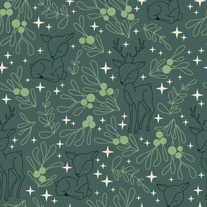 Small - Boho Christmas Botanicals with Deer and Stars on asparagus green