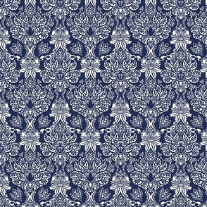 Blue Metallic Botanical Damask - Art Nouveau Floral with Stylised Trees | small