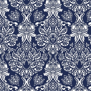 Blue Metallic Botanical Damask - Art Nouveau Floral with Stylised Trees | medium