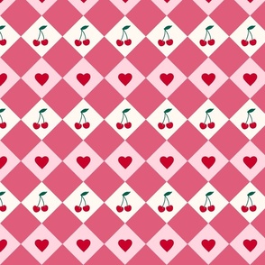 Kitsch valentines cherries and hearts on harlequin check, pink dusty
