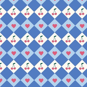 Blue Kitsch valentines cherries and hearts on harlequin check