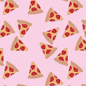 Messy tossed New York pizza slices fastfood on pink