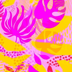 (L) Tropical boho foliage - Vibrant Jungle Nature Neon Pink and Yellow