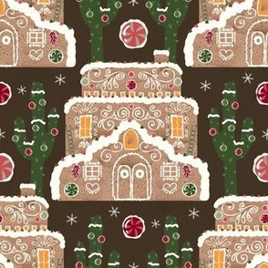 Natural Christmas - Southwestern Gingerbread House with Cactus dark brown bkg