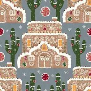 Natural Christmas - Southwestern Gingerbread House with Cactus dk blue bkg
