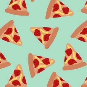 Retro bright pizza party - nineties food design pepperoni and cheese on turquoise 