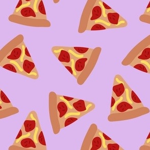 Retro bright pizza party - nineties food design pepperoni and cheese on lilac 