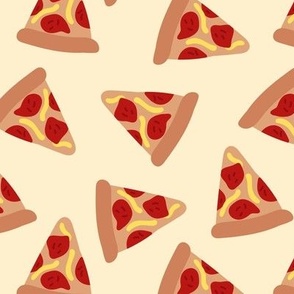 Retro bright pizza party - nineties food design pepperoni and cheese on soft yellow 