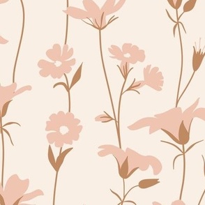 L. Delicate Hand Drawn Flowers Soft Pink On Cream White, large scale