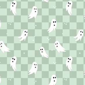 Spooky halloween ghosts and stars on checkerboard adorable kawaii baby nineties trend nursery design sage green mint SMALL 