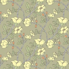 Wild Rose Vines/Trailing Floral/Arts and Crafts Roses - Yellow Taupe Large