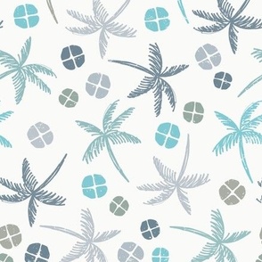 Tossed Sketchy Palm Trees and Large Dots in turquoise, grays, green and tan on cream