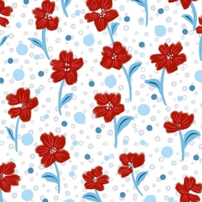 Summer Red Florals with Blue leaves and dots