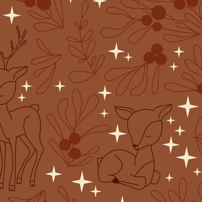Large - Boho Christmas Botanicals with Deer and Stars on reddish brown