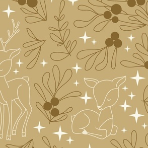 Large - Boho Christmas Botanicals with Deer and Stars on dark gold