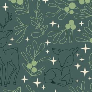 Large - Boho Christmas Botanicals with Deer and Stars on asparagus green