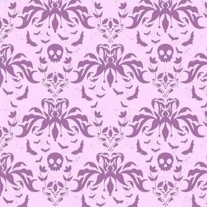   cottage core skull and bats in pastel purple