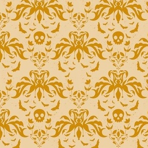   cottage core skull and bats in mustard