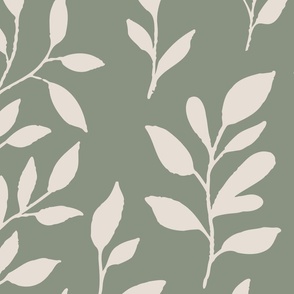  Botanical Minimalism | Jumbo Scale | Warm White on Sage Green | non-directional leaves