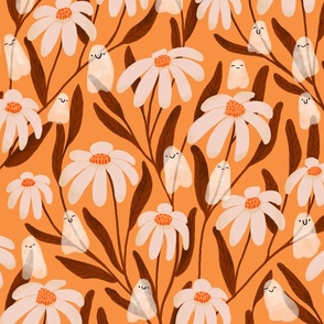 Garden Ghosties / Medium  / Joyful Daisies on Orange / Daisy Halloween  Floral / Cottagecore