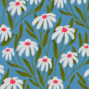 Medium / Joyful Daisies on Blue with Pink / Daisy Garden  Floral / Cottagecore