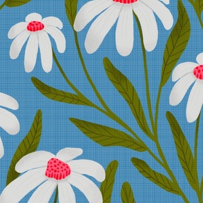 Large / Joyful Daisies on Blue with Pink / Daisy Garden  Floral / Cottagecore
