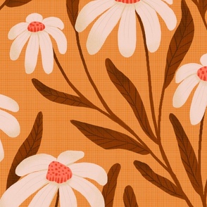 Large / Joyful Daisies on Orange / Daisy Autumn  Floral / Cottagecore