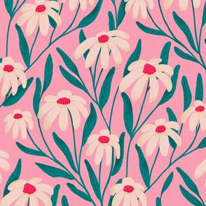 Medium / Joyful Daisies on Pink  with Teal Leaves  / Daisy Floral / Cottagecore