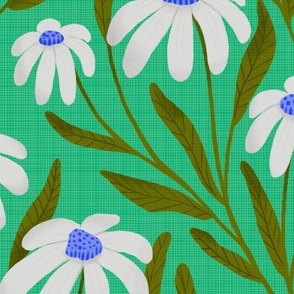 Large / Joyful Daisies on Minty Green with Blue / Daisy Floral / Cottagecore