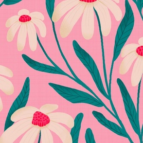 Large / Joyful Daisies on Pink  with Teal Leaves  / Daisy Floral / Cottagecore