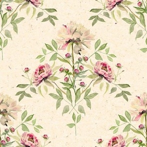 Medium Pink Peony Grandmillennial Flowers / Watercolor / Leaves