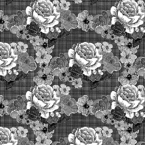 Vintage Roses and Peonies -Black And White Tweed - SMALL