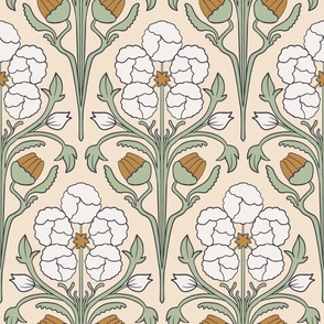 Vintage Art Nouveau Floral in soft Green, Gold and White