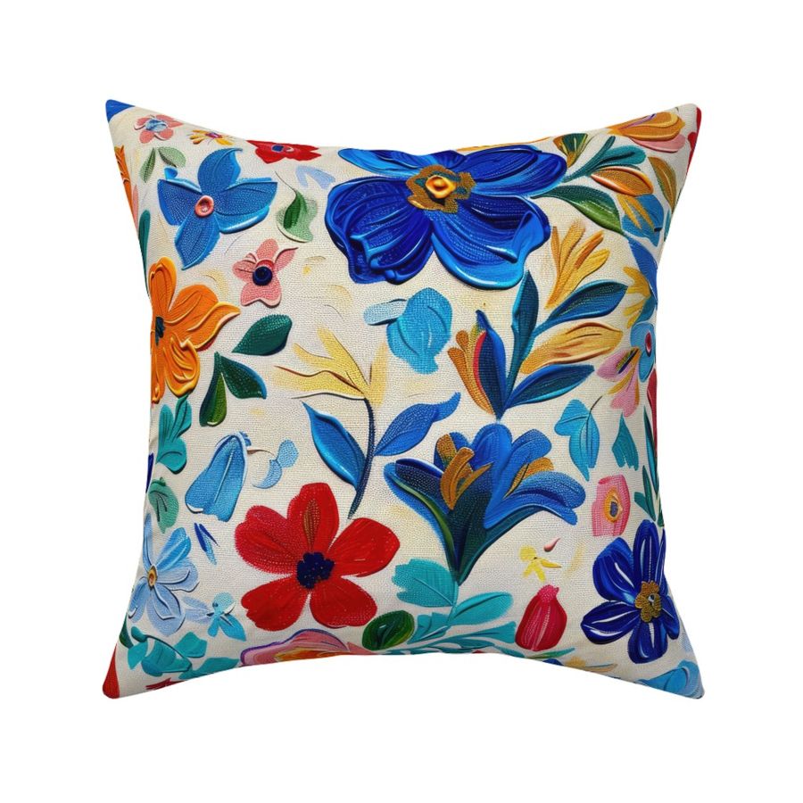 Big Blue Flower Among Colorful Folk Art Wildflowers, Nordic Impasto 3D Botanicals, Traditional with Modern Twist