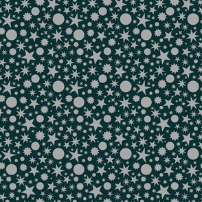 Gray Stars and Circles on Deep Bottle Green Background Small Scale