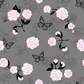 Pink Flowers and Black Butterflies - Small Scale