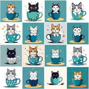 10,5'' Cat in a Teacup Illustration Pattern | Cat Art | Stylized Illustration | Blue White Background