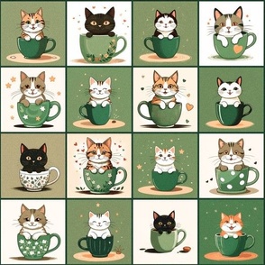 10,5'' Cat in a Teacup Illustration Pattern | Cat Art | Stylized Illustration | Green White Background