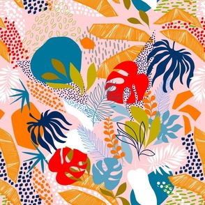 (S) Tropical foliage - Retro Boho Colourful Jungle Nature on pastel Pink