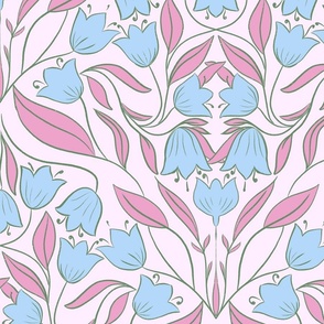 Vintage Lily Of The Valley // Floral Damask // Warm Beige // blue and pink