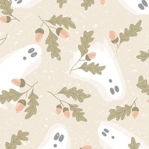 (Large) Cute Halloween Ghosts in Autumn Leaves with Texture - Natural Linen Off-White With Muted Green and Pink