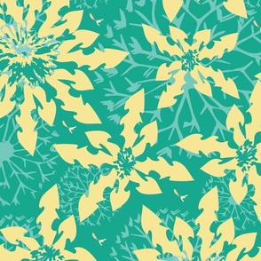 Maximalist Deconstructed Dandelions  Bright Colors Teal and Yellow