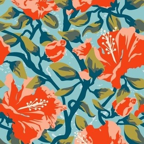 Small Tropical Hibiscus Floral in Bright Red Orange, Peach, Kiwi, Leafy Green, and Teal