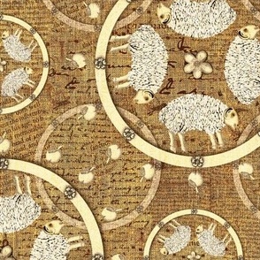 Medium 12” repeat hand drawn vintage heritage sheep and apples set within  circles with with faux woven burlap texture on honey and cream