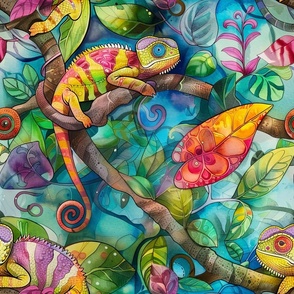 Colorful Sunny Watercolor Chameleons