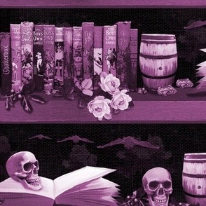 Halloween Trick or Treat Cottagecore Books, Halloween Skeleton Skull, Purple Black Dark Academia, Children's Spooky Room, Kids Halloween Midnight, Spooky Cottage Library, Scary Halloween Party Photo Wall, Children Friendly Haunted Reading Room Halloween