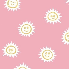053 - Small Scale Good Morning Sunshine Happy Sleepy Faces Childrens Hand Drawn Whimsical Cute Nursery Baby-Pink and white